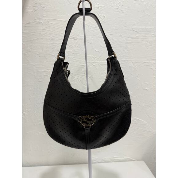 Gucci Perforated Leather GG Interlocking Accent Reins Hobo Bag Black - Picture 1 of 4
